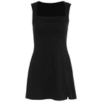 Damen Elegantes ärmelloses Kleid mit quadratischem Ausschnitt und hohem Schlitz R&B