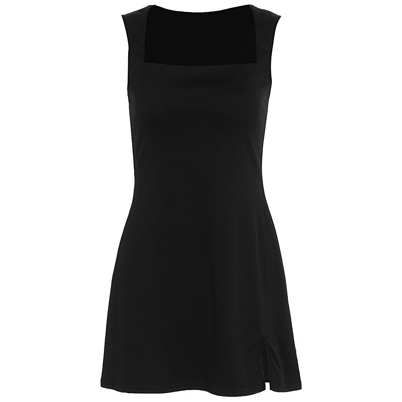 Damen Elegantes ärmelloses Kleid mit quadratischem Ausschnitt und hohem Schlitz R&B