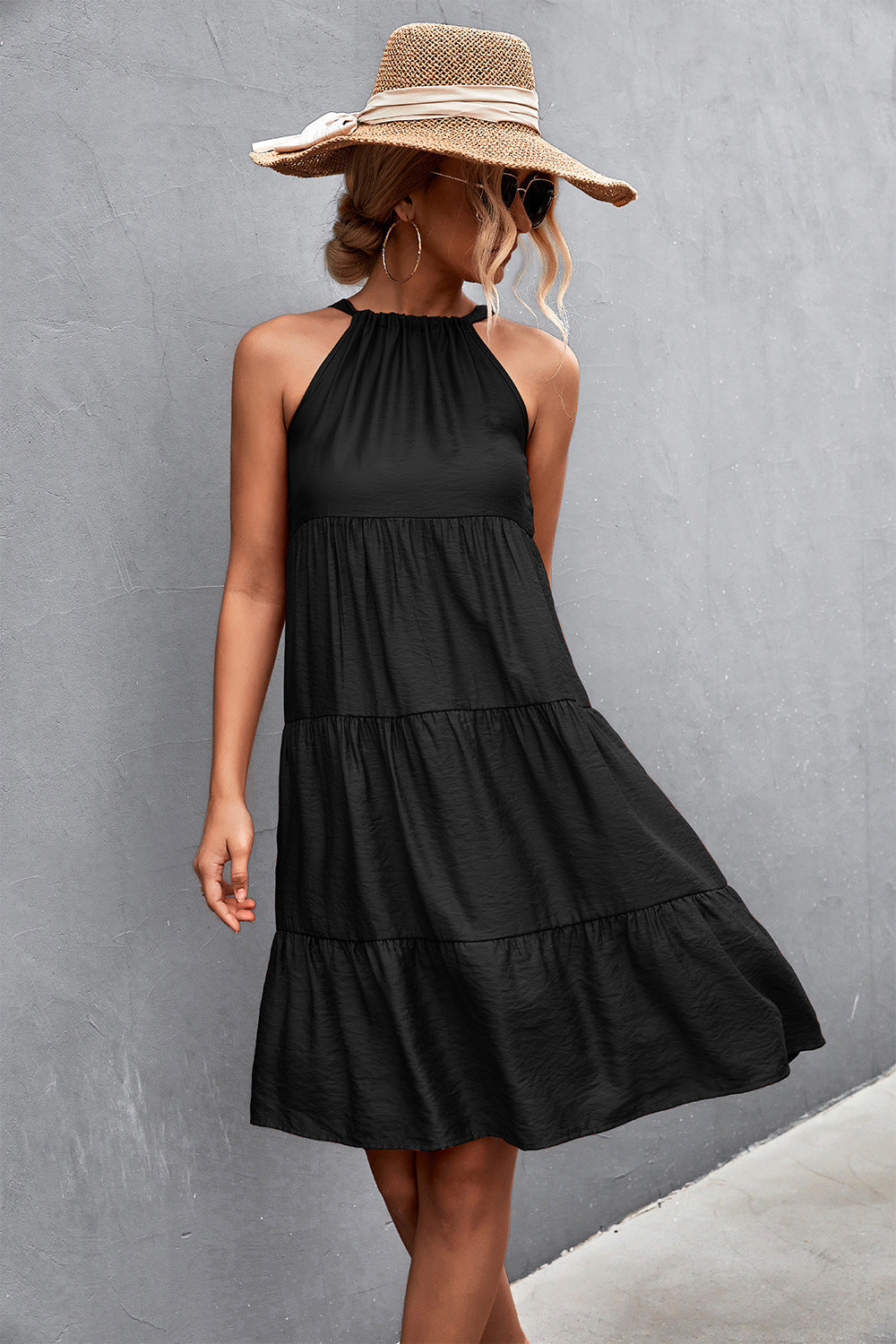 Damen Lässiges Sommerkleid mit hochgeschlossenem Kragen und voluminösem Rock R&B