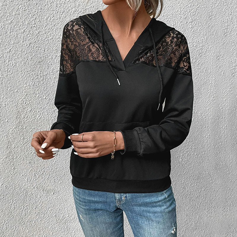 Damen Kapuzenpullover mit Spitzenbesatz und Kängurutasche R&B