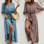 Damen Maxikleid mit abnehmbarem Taillengürtel und kunstvollem Muster R&B