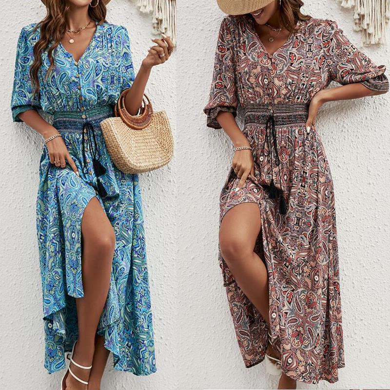 Damen Maxikleid mit abnehmbarem Taillengürtel und kunstvollem Muster R&B