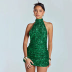 Damen Glitzerndes Minikleid mit hohem Hals und figurbetontem Schnitt EB