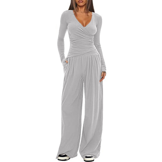 Damen Eleganter Wickel-Jumpsuit mit weitem Bein und modischen Details R&B