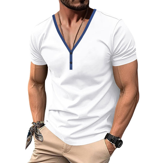 Herren Kurzarm Henley-T-Shirt mit V-Ausschnitt und Knopfdetail R&B