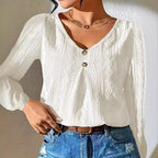 Damen Langarmshirt mit tiefem V-Ausschnitt und dekorativen Knöpfen R&B