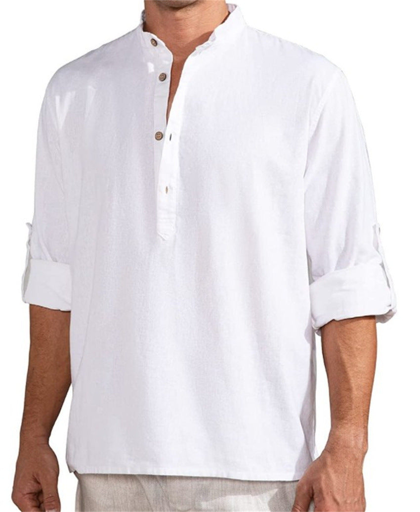 Herren Leinenhemd mit Stehkragen und praktischen Knopfdetails R&B