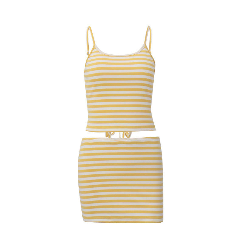 Damen Sommerliches Mini-Rock-Set mit gestreiftem Top und elastischer Passform R&B