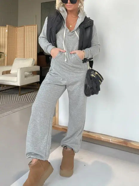 Damen Lässiger Hoodie-Jumpsuit mit tiefem V-Ausschnitt und praktischen Taschen R&B