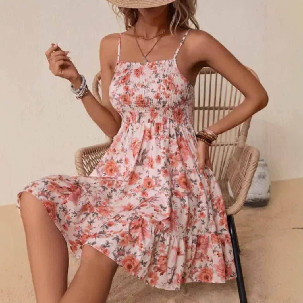 Damen florales Sommerkleid mit gerafftem Oberteil und schwingendem Saum R&B