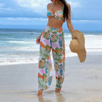 Damen Badeset mit floralem Design und lockeren Palazzohosen R&B