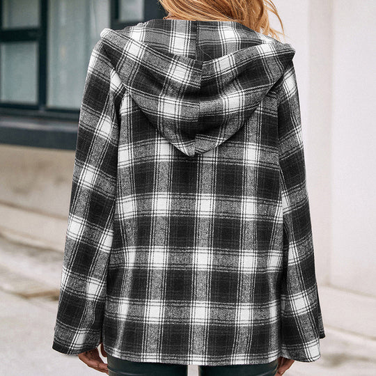 Damen Karo Overshirtjacke im lässigen Stil mit Kapuze und weiten Ärmeln R&B