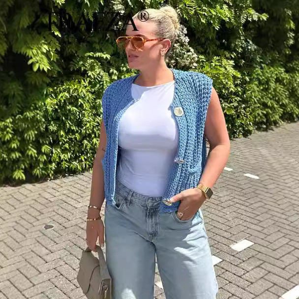 Damen Strickweste mit Taschen und Knopfdetail R&B