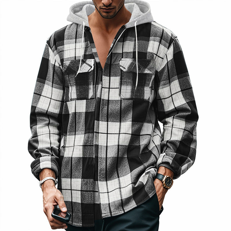 Herren Karierte Flanelljacke mit Hoodie und zwei Brusttaschen R&B