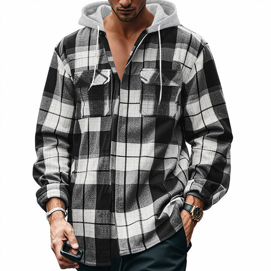 Herren Karierte Flanelljacke mit Hoodie und zwei Brusttaschen R&B
