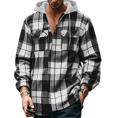 Herren Karierte Flanelljacke mit Hoodie und zwei Brusttaschen R&B
