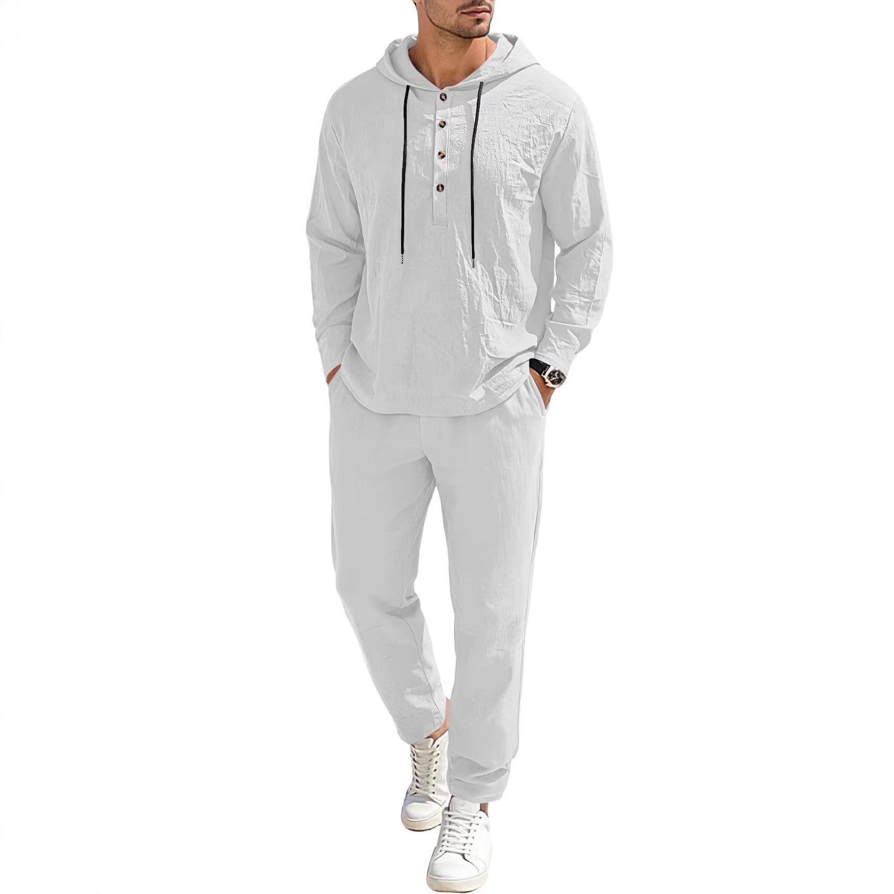 Herren nan entspannter Kapuzen-Henley Freizeitanzug aus leichter Baumwollmischung in Leinenoptik mit Kordelzug und elastischer Bundhose R&B