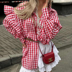 Damen Puffärmel Gingham Knopf-Down Hemd