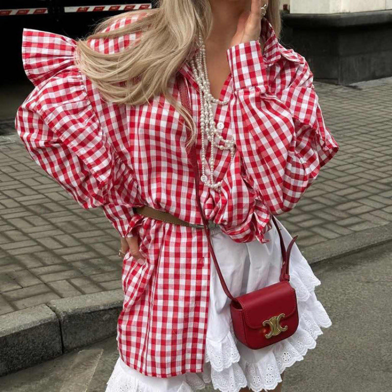 Damen Puffärmel Gingham Knopf-Down Hemd