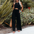 Damen Weite Leinenhose mit elastischem Bund und plissierten Details R&B