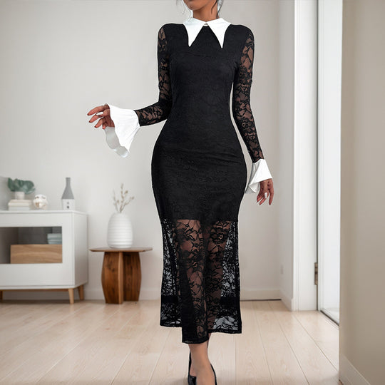 Damen Midikleid mit transparentem Spitzenoberteil und eleganter Blusenkragen R&B