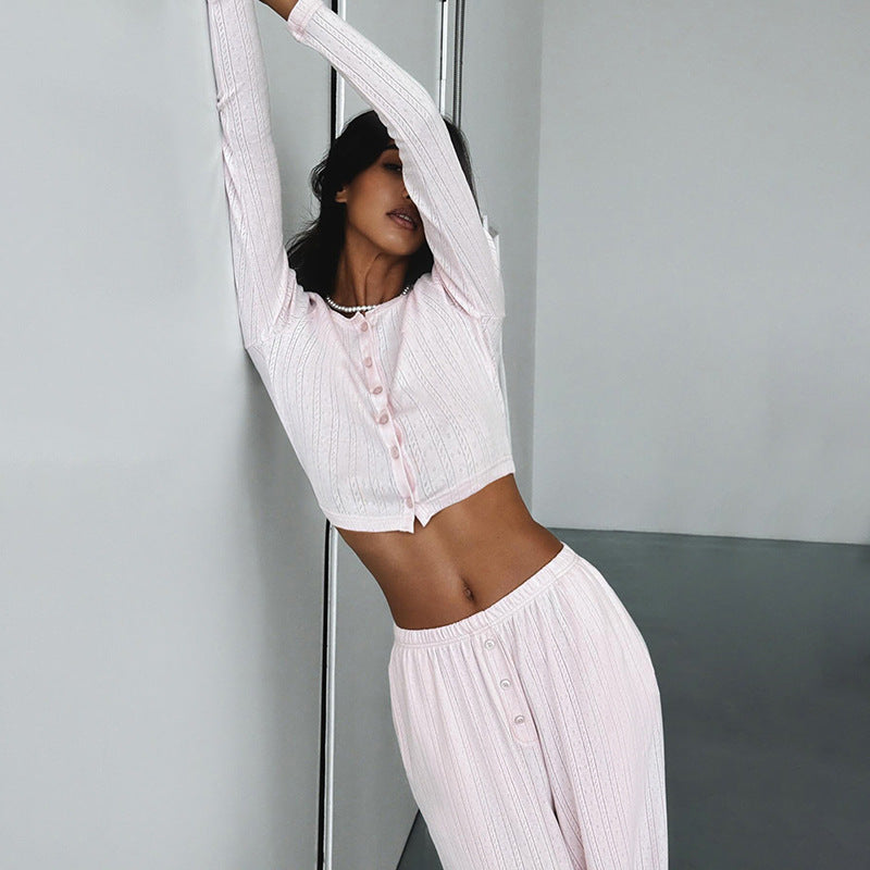 Damen Langarm-Crop-Top mit Knopfleiste und weichem Material R&B