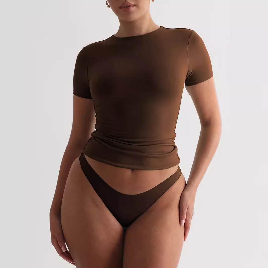 Damen figurbetontes T-Shirt mit Rundhalsausschnitt und kurzem Arm R&B