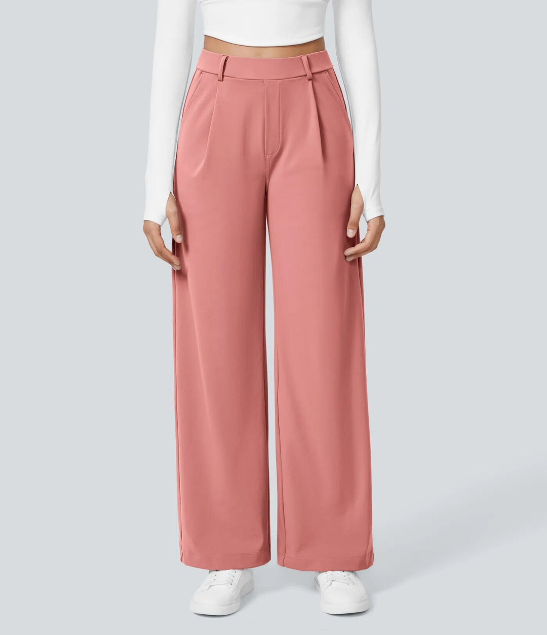 Damen nan hochgeschnittene Bundfaltenhose mit weitem Bein, Gürtelschlaufen und seitlichen Eingrifftaschen R&B