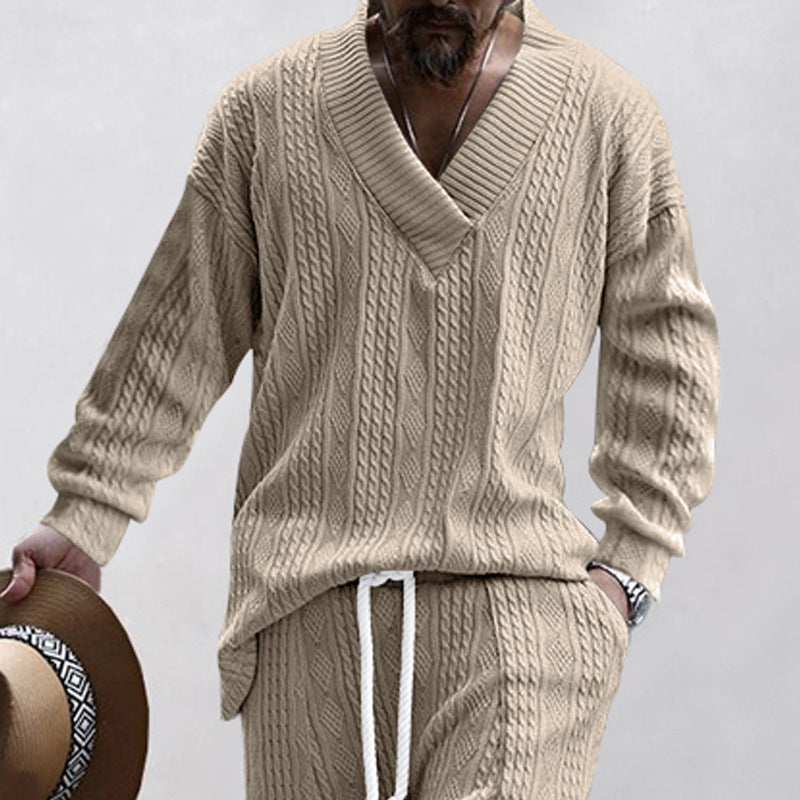 Herren nan Oversize Zopfmuster-Longpullover mit tiefem V-Ausschnitt und passender Strickhose R&B