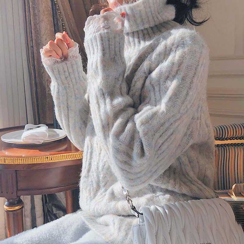 Damen Grobstrickpullover mit hohem Kragen und weichem Material R&B