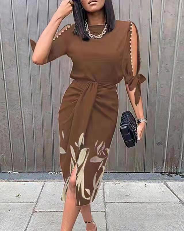 Damen Wickelkleid mit dekorativen Ärmeln und floralem Saum R&B