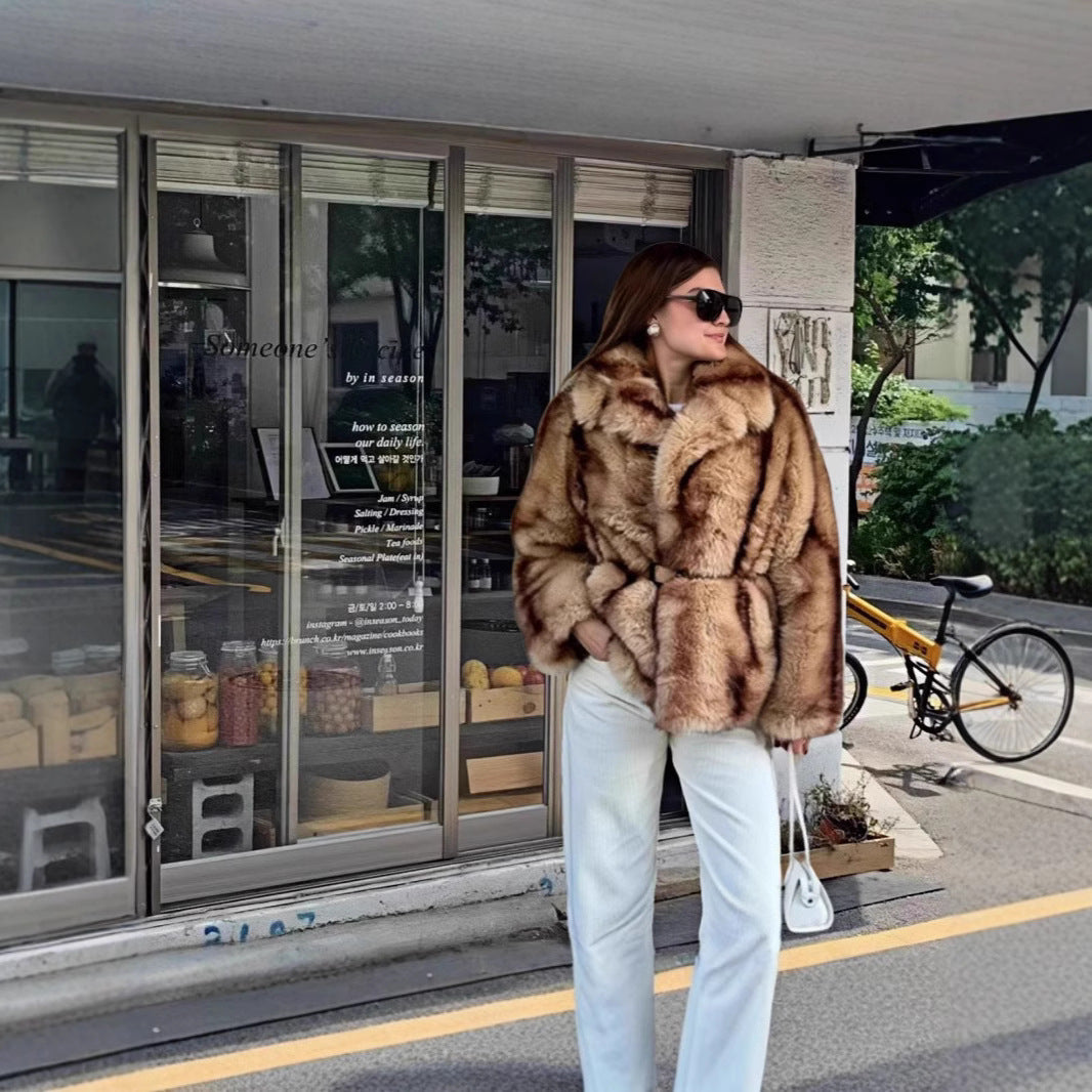 Damen Opulente Kunstpelz-Jacke mit Gürtel R&B