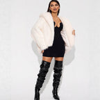 Damen Hochwertige elegante Kunstpelzjacke mit Kapuze R&B