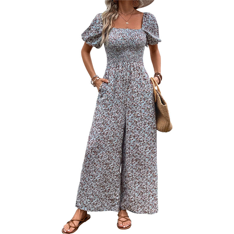 Damen farbenfrohes Blumensommeroverall mit Puffärmeln R&B