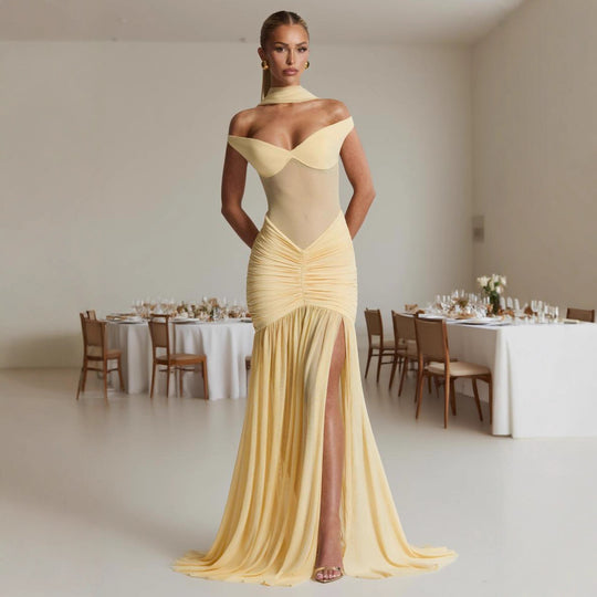 Damen figurbetontes Abendkleid mit schulterfreiem Design und seitlichem Schlitz R&B