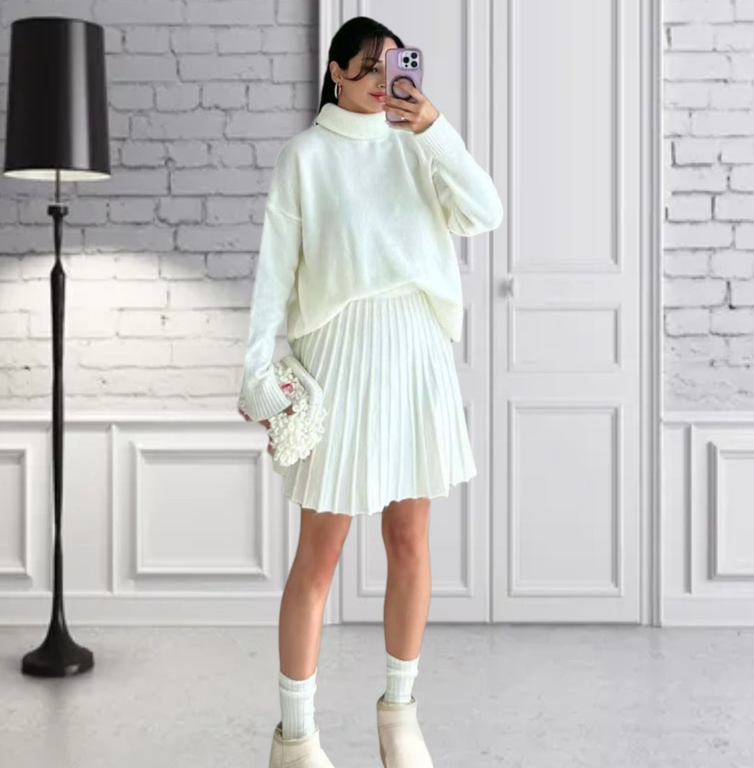 Damen Oversized Strickpullover mit hochwertiger Rippstruktur und passendem Minirock R&B