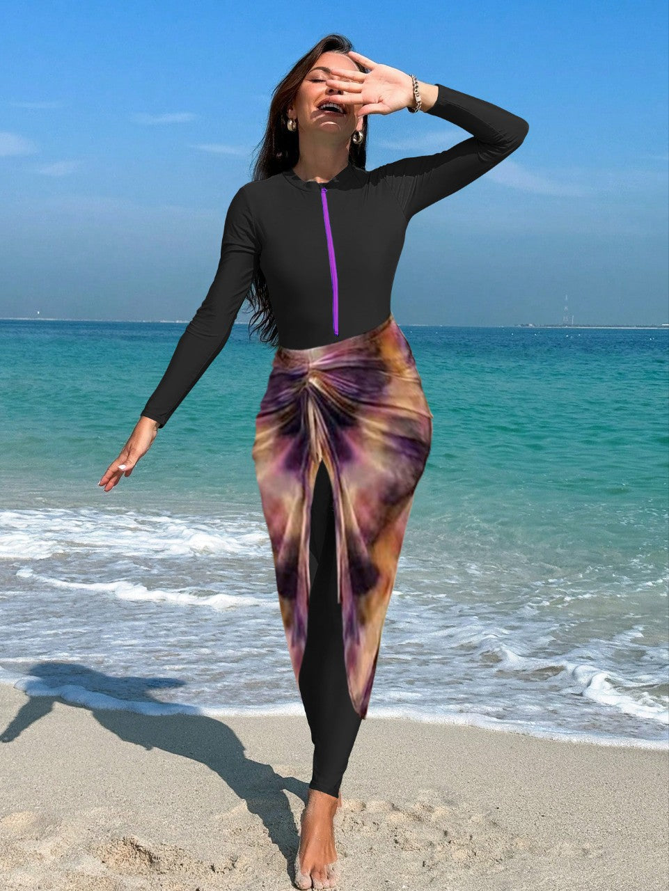 Damen modischer Langarm-Badeanzug mit elegantem Wickelrock R&B