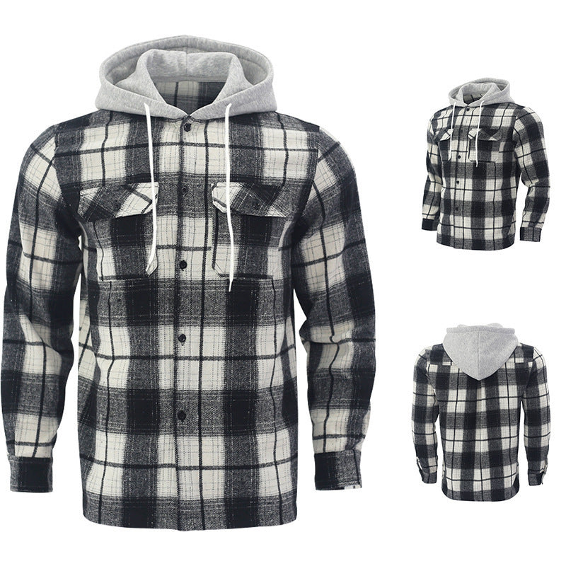 Herren Karierte Flanelljacke mit Hoodie und zwei Brusttaschen R&B