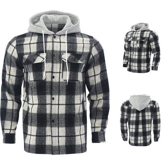 Herren Karierte Flanelljacke mit Hoodie und zwei Brusttaschen R&B