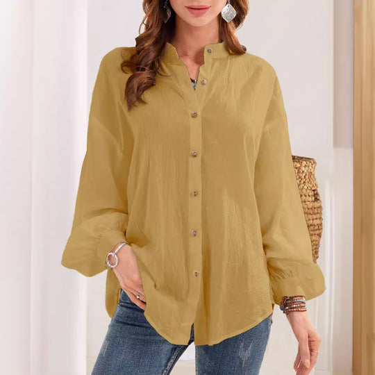 Damen lässige Bluse mit Knopfleiste und Stehkragen R&B