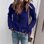 Damen V-Ausschnitt Strickpullover mit lässiger Passform und lockeren Ärmeln R&B