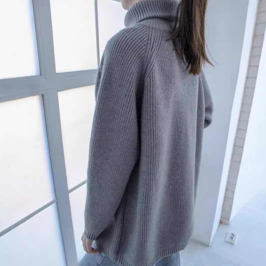 Damen lässiger Strickpullover mit asymmetrischem Reißverschluss und großem Kragen R&B