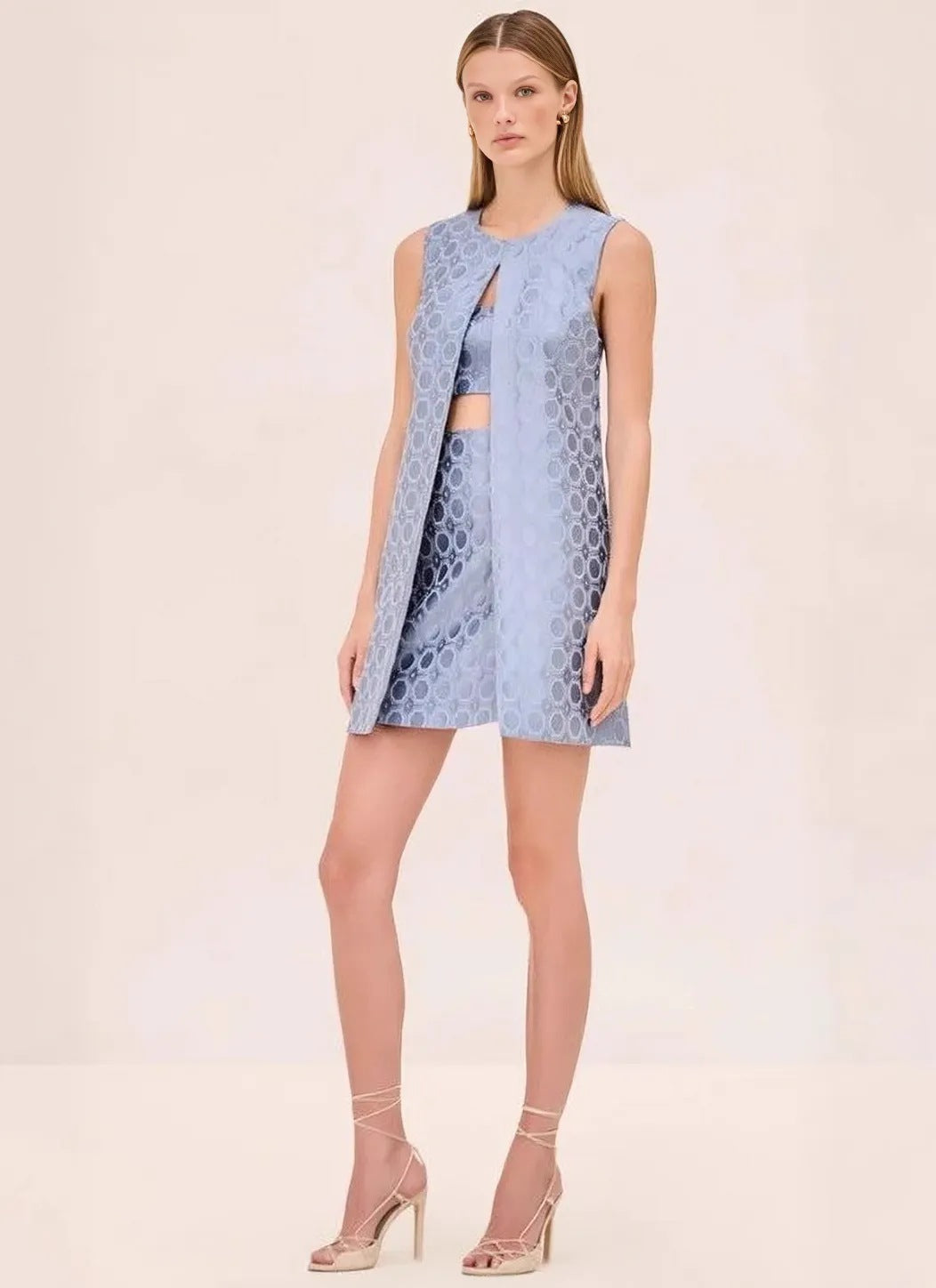 Damen nan Jacquard-Zweiteiler mit ärmelloser Longweste und tailliertem Bustier-Minikleid R&B