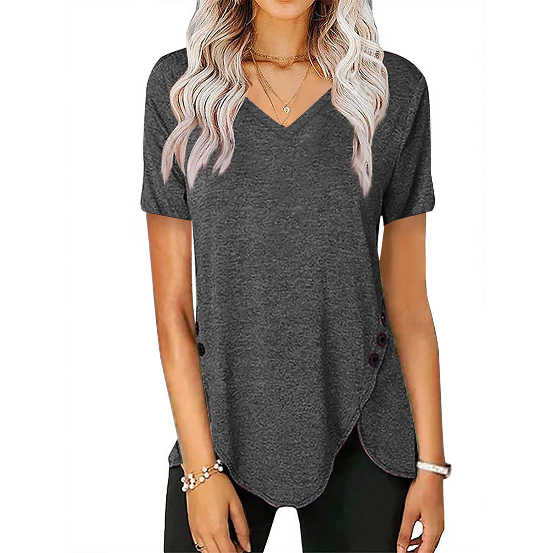 Damen lässiges V-Ausschnitt T-Shirt mit asymmetrischem Saum und dekorativen Knopfdetails R&B