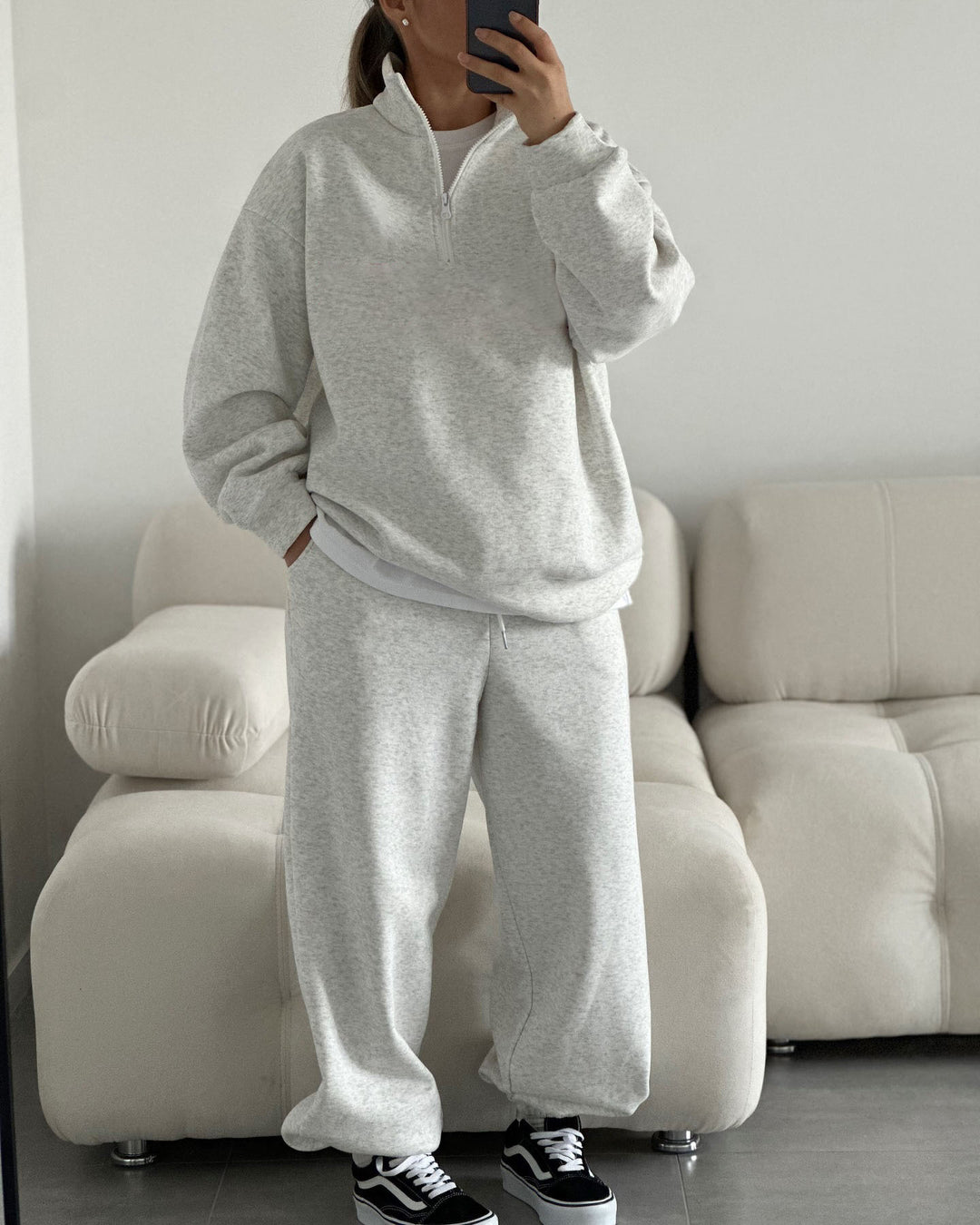 Damen gemütliches Fleece-Loungewear-Set mit Stehkragen und Reißverschluss R&B