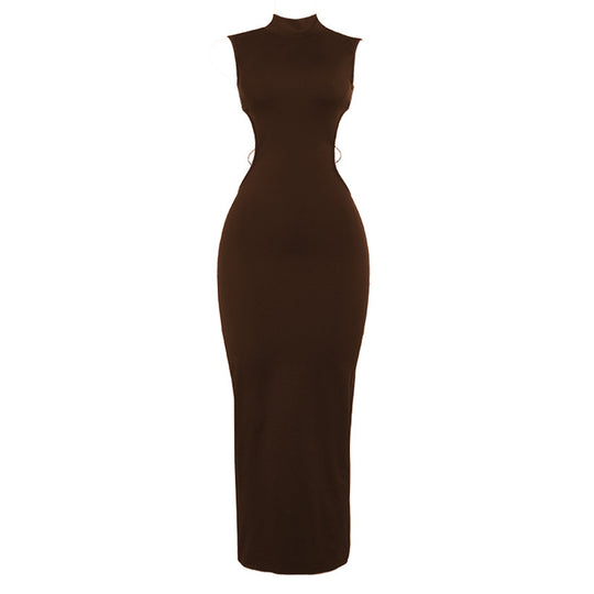 Damen Figurbetontes Maxikleid mit hohem Kragen und seitlichen Cut-Outs R&B