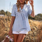 Damen elegantes Sommeroberteil mit Rüschendetails und V-Ausschnitt R&B