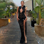 Damen Transparente Spitzenkleid mit elegantem Drapierungsdesign R&B