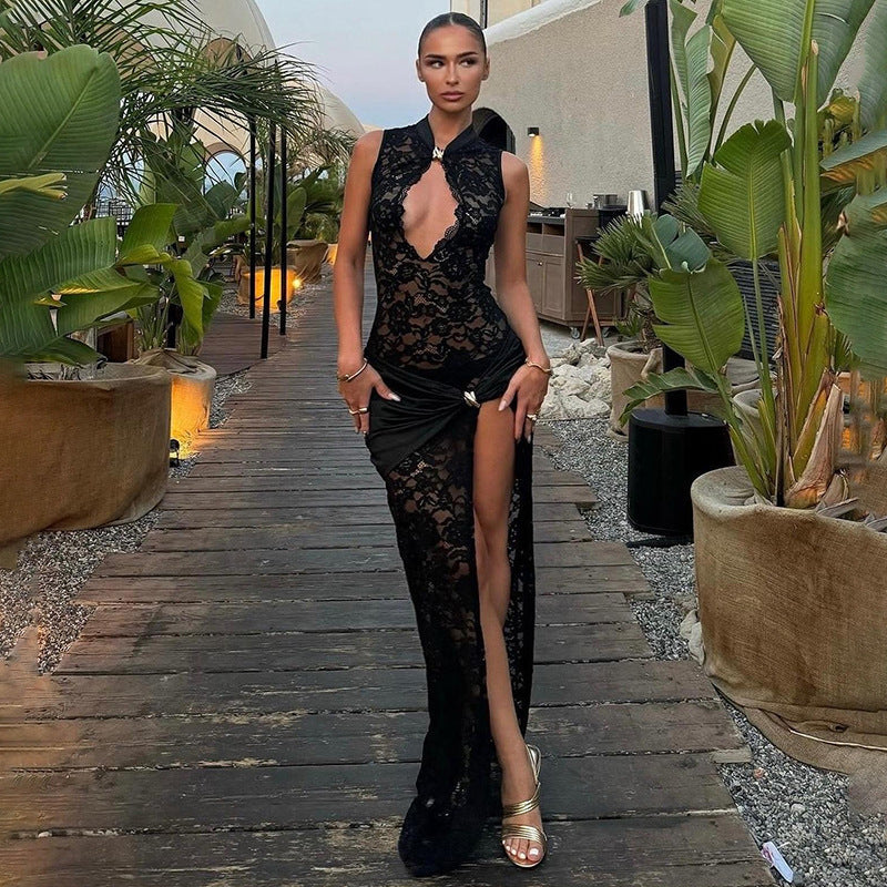 Damen Transparente Spitzenkleid mit elegantem Drapierungsdesign R&B