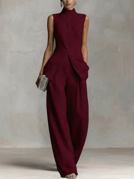 Damen Eleganter Jumpsuit mit hochgeschlossenem Kragen und weitem Bein R&B